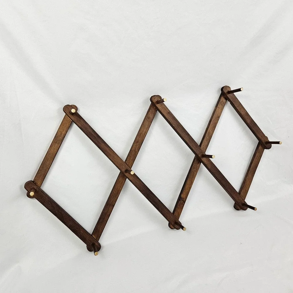 Vtg Wood Expandable Accordion Folding Rack 10 Peg Wall Hanger Hat Coat Jewelry